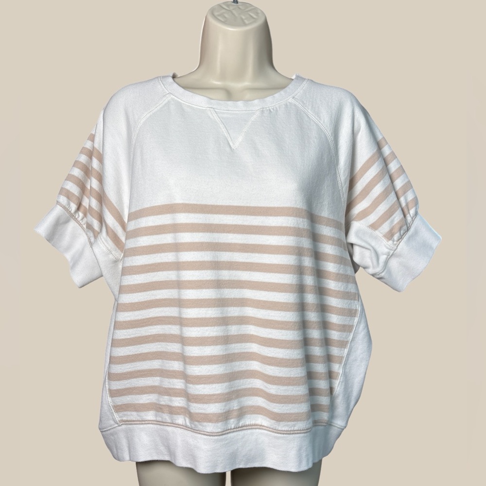 Talbots Haven Well Within Organic Cotton Terry Striped Crewneck Top Cream Beige
